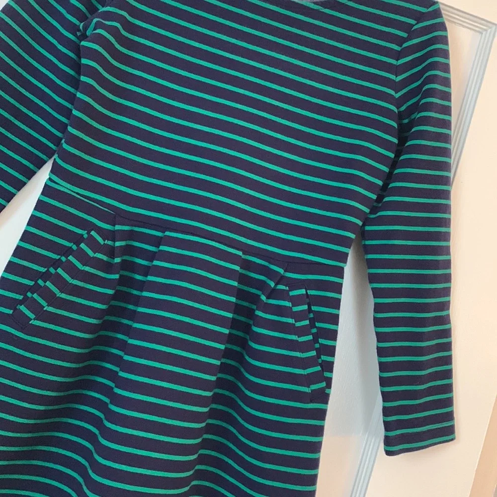Gymboree Navy Blue & Green Striped Dress Long Sleeve Crew Neck Pockets 7/8 EUC